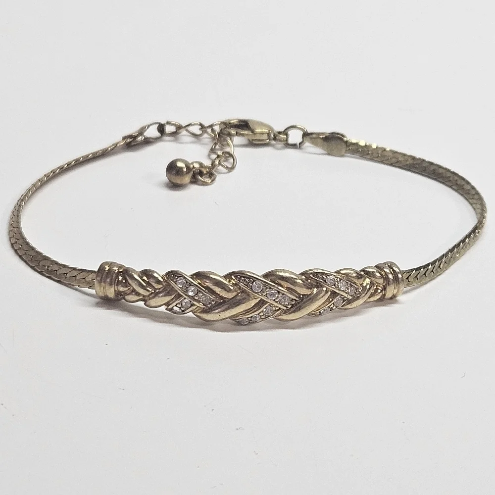 VINTAGE Gold Tone Braided Rhinestone Dainty Adjustable Bracelet